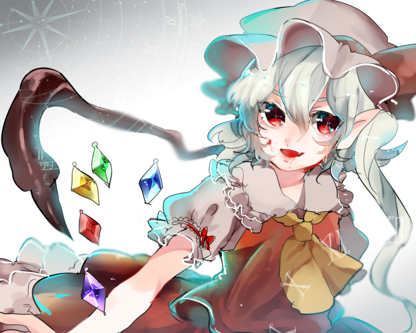 1girl ascot blood blood_on_face bow clothes_lift collared_shirt commentary crystal_wings fang flandre_scarlet frilled_hat frilled_shirt_collar frilled_skirt frilled_sleeves frills hat hat_bow lace-trimmed_collar lace_trim long_hair looking_at_viewer mob_cap open_mouth outstretched_arm pointy_ears puffy_short_sleeves puffy_sleeves red_bow red_eyes red_skirt red_vest shirt short_sleeves side_ponytail skirt skirt_lift skirt_set sleeve_bow smile solo suzune_hapinesu touhou upper_body vest white_background white_hair white_headwear white_shirt yellow_ascot