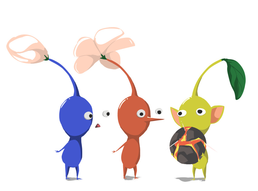 black_eyes blue_pikmin blue_skin bomb_rock bud colored_skin commentary_request flower full_body gokuu_(acoloredpencil) highres holding_rock leaf looking_at_another no_humans no_mouth pikmin_(creature) pikmin_(series) pointy_ears pointy_nose red_pikmin red_skin shadow triangle_mouth white_background white_flower yellow_pikmin yellow_skin