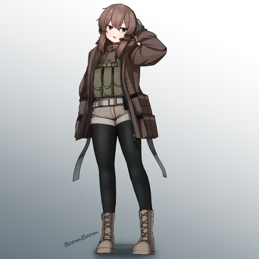 1girl absurdres ammunition_pouch black_pantyhose borrowed_character brown_coat brown_footwear brown_hair brown_shorts camouflage coat ear_protection english_text gloves grey_eyes hair_between_eyes hand_up highres jonasmk karinn_(ka941) long_hair looking_at_viewer open_mouth original pantyhose plate_carrier pouch shorts simple_background solo