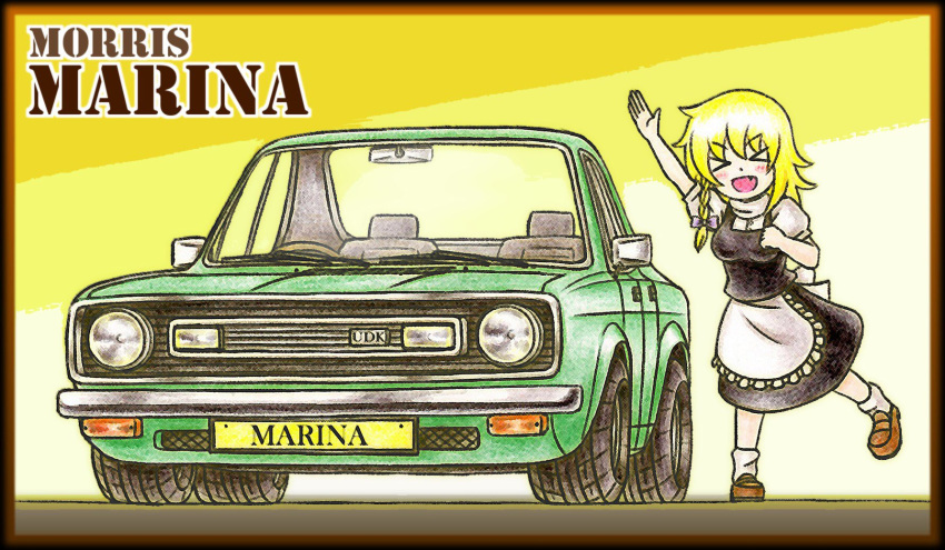 &gt;_&lt; 1girl :d apron arm_up black_skirt black_vest blush border braid brown_border brown_footwear car closed_eyes commentary_request cookie_(touhou) frilled_apron frills full_body highres kirisame_marisa loafers long_hair medium_bangs mgrm_ysnr morris_marina motor_vehicle name_connection open_mouth puffy_short_sleeves puffy_sleeves shirt shoes short_sleeves single_braid skirt skirt_set smile socks solo touhou turtleneck uzuki_(cookie) vest waist_apron white_apron white_shirt white_socks xd yellow_background
