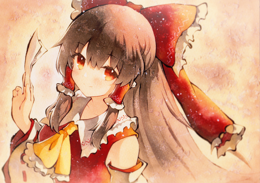 1girl ascot bow brown_hair closed_mouth detached_sleeves frilled_ascot frilled_bow frilled_hair_tubes frills hair_bow hair_tubes hakurei_reimu highres holding holding_paper long_hair looking_at_viewer paper qqqrinkappp red_bow red_eyes red_vest ribbon-trimmed_sleeves ribbon_trim sepia smile solo touhou traditional_media upper_body vest white_sleeves yellow_ascot