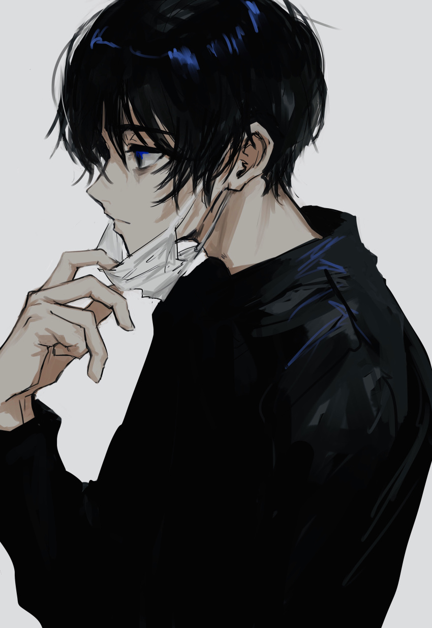 1boy absurdres bags_under_eyes black_hair black_sweater closed_mouth from_side grey_background hair_between_eyes highres long_sleeves male_focus mask mask_pull mouth_mask original profile simple_background solo suechiee sweater upper_body white_mask