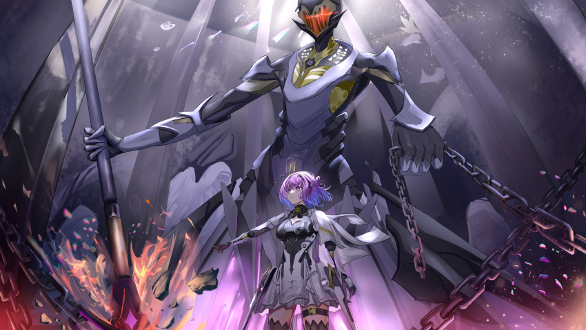 1girl 1other absurdres alisa_(punishing:_gray_raven) aqua_hair black_thighhighs chain closed_mouth dress glowing glowing_eyes gradient_hair grey_dress helmet highres holding holding_chain holding_polearm holding_weapon humanoid_robot joints mechanical_arms medium_hair multicolored_hair polearm punishing:_gray_raven purple_hair robot robot_joints sidelocks thigh-highs thigh_strap violet_eyes weapon wuzoto