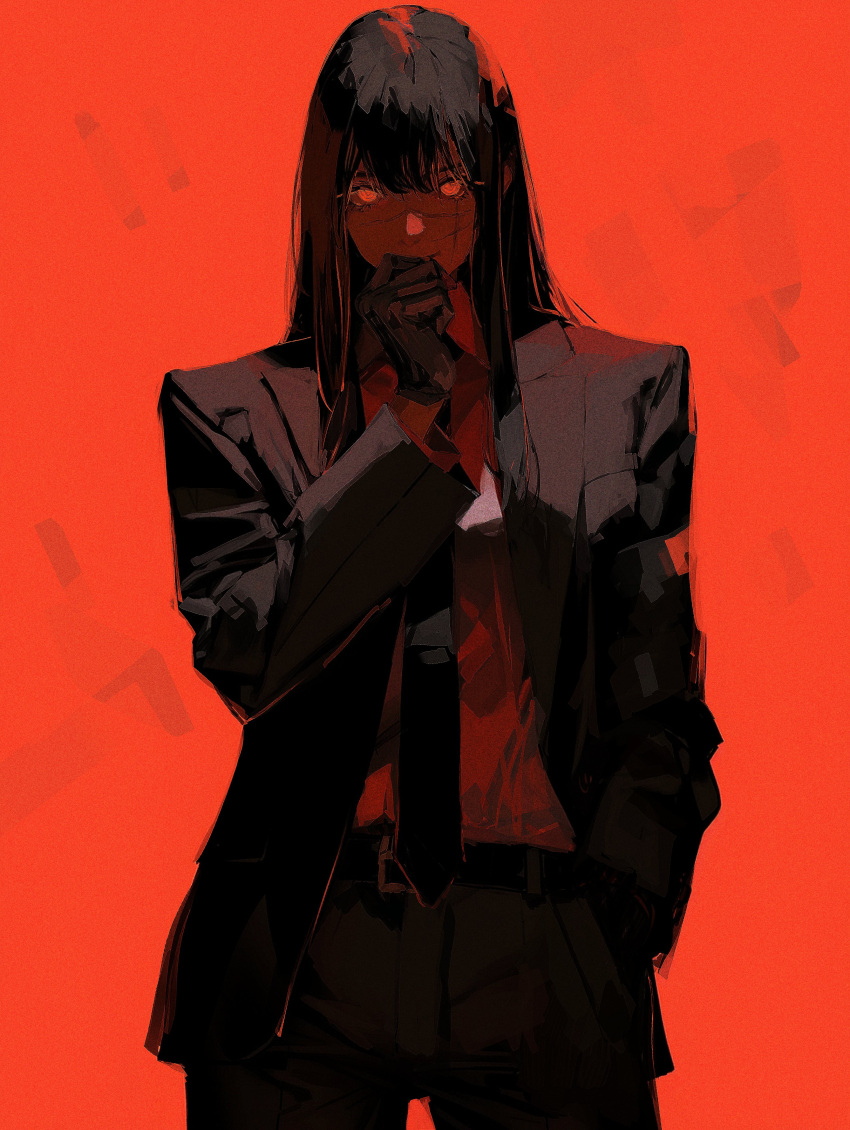 1girl 96yottea absurdres belt black_gloves black_hair black_jacket black_necktie black_pants black_suit chainsaw_man formal gloves hair_between_eyes hand_in_pocket highres jacket long_hair looking_at_viewer necktie open_clothes open_jacket pants red_background red_eyes red_shirt scar scar_on_face shirt simple_background standing suit yoru_(chainsaw_man)