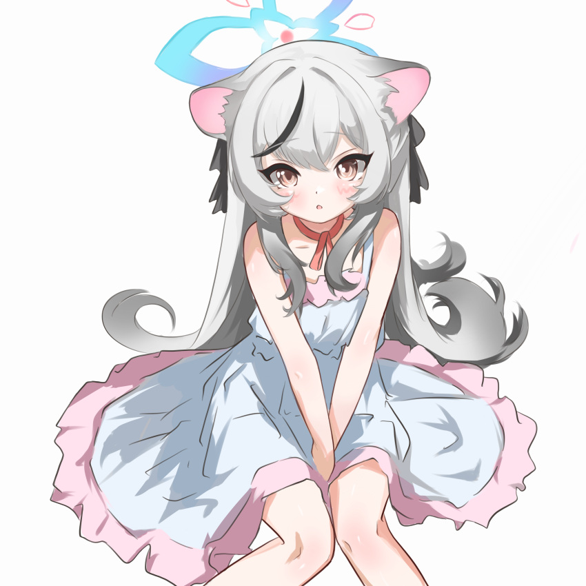 1girl absurdres alternate_costume between_legs black_hair blue_archive choker collarbone dress feet_out_of_frame frilled_dress frills from_above gradient_hair grey_hair halo hand_between_legs highres huajiao knees_together_feet_apart kokona_(blue_archive) light_blush long_hair looking_at_viewer multicolored_hair red_ribbon ribbon ribbon_choker simple_background sitting sleeveless sleeveless_dress solo streaked_hair very_long_hair white_background white_dress yellow_eyes