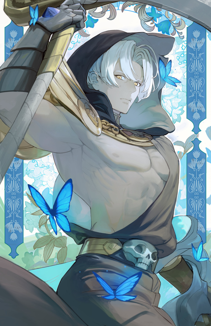 1boy absurdres ancient_greek_clothes bug butterfly flower gauntlets gjchicken gorget hades_(series) hades_1 highres hood hood_up leaf male_focus scythe single_gauntlet skull thanatos_(hades) toned toned_male white_hair yellow_eyes