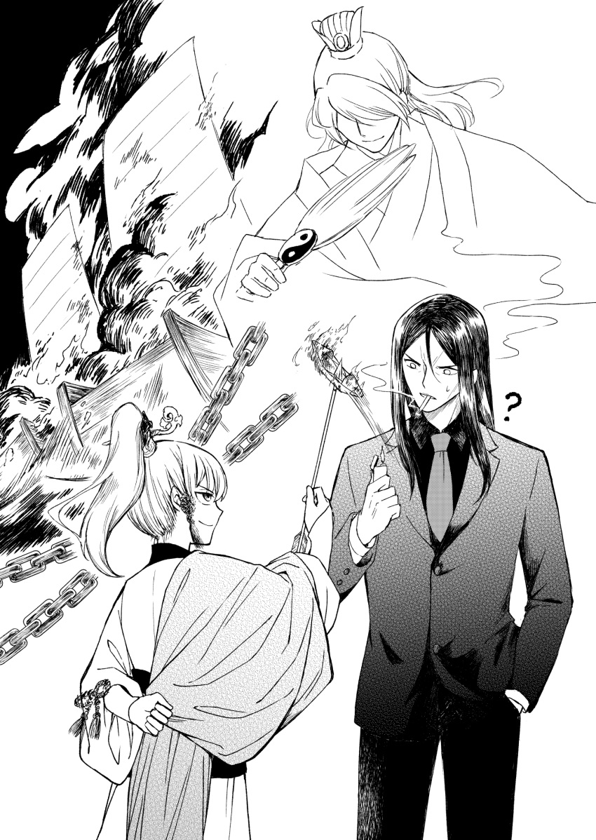2boys ? archer_(fate/samurai_remnant) arm_behind_back arrow_(projectile) boat burning cigarette fate/grand_order fate/samurai_remnant fate_(series) greyscale hand_fan hand_in_pocket highres lighter long_hair lord_el-melloi_ii male_focus miyuyoko monochrome multiple_boys necktie ponytail smile smoking suit watercraft waver_velvet zhuge_liang