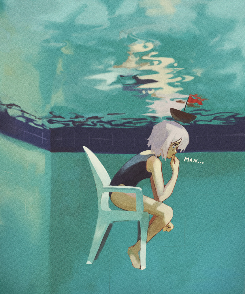 1girl blue_one-piece_swimsuit chair full_body grey_hair highres medium_hair nyztsune one-piece_swimsuit original pool profile sitting submerged swimsuit thinking toy_boat water