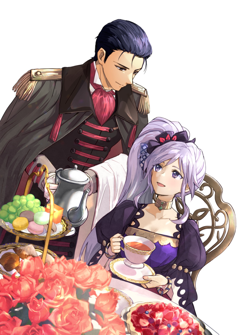 1boy 1girl ascot black_hair cape chair choker commission commissioner_upload cup dessert epaulettes fire_emblem fire_emblem:_thracia_776 fire_emblem_heroes flower food fruit grapes hair_ornament highres holding holding_cup ishtar_(fire_emblem) ishtar_(soiree)_(fire_emblem) jewelry macaron minorudonguri non-web_source purple_hair red_flower red_rose reinhardt_(fire_emblem) reinhardt_(soiree)_(fire_emblem) rose skeb_commission tea teacup violet_eyes