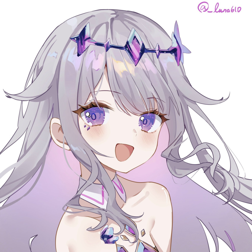 bare_shoulders blush chest_jewel collar collarbone colored_inner_hair commentary detached_collar grey_hair hair_flaps headpiece highres hololive hololive_english jewel_under_eye koseki_bijou long_hair looking_at_viewer luna_(luna610) multicolored_hair open_mouth purple_hair sidelocks simple_background smile twitter_username two-tone_hair upper_body violet_eyes virtual_youtuber wavy_hair white_background white_collar