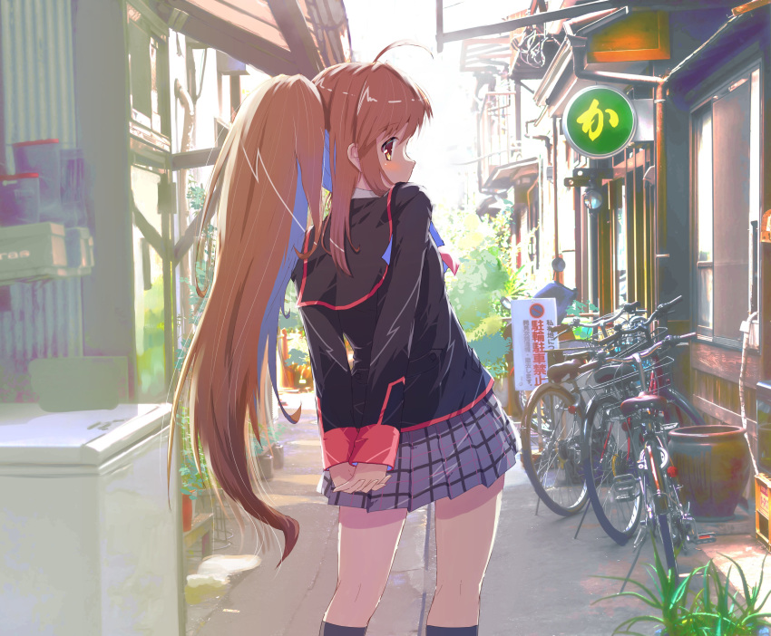 1girl absurdres ahoge akayama_yukihe architecture arms_behind_back backlighting bicycle black_jacket black_socks bloom brown_hair commentary cowboy_shot day east_asian_architecture from_behind grey_skirt hair_between_eyes hair_over_shoulder highres interlocked_fingers jacket little_busters! little_busters!_school_uniform long_hair long_sleeves looking_at_viewer looking_back miniskirt natsume_rin outdoors own_hands_together perspective plaid plaid_skirt pleated_skirt ponytail profile road school_uniform sidelocks sideways_glance skirt socks solo standing straight_hair street uniform very_long_hair yellow_eyes