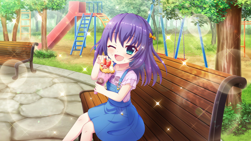 1girl aged_down aqua_eyes bench blue_hair bow child day dot_nose film_grain food food_on_face from_side fruit game_cg hair_bow holding_ice_cream_cone honjou_kasumi ice_cream_cone izumi_tsubasu ladder lens_flare looking_at_viewer medium_hair non-web_source official_art one_eye_closed open_mouth orange_bow outdoors overall_skirt park park_bench pink_shirt playground re:stage! shirt short_sleeves sitting_on_bench slide smile solo sparkle stone_walkway strawberry swing_set tree waffle_cone