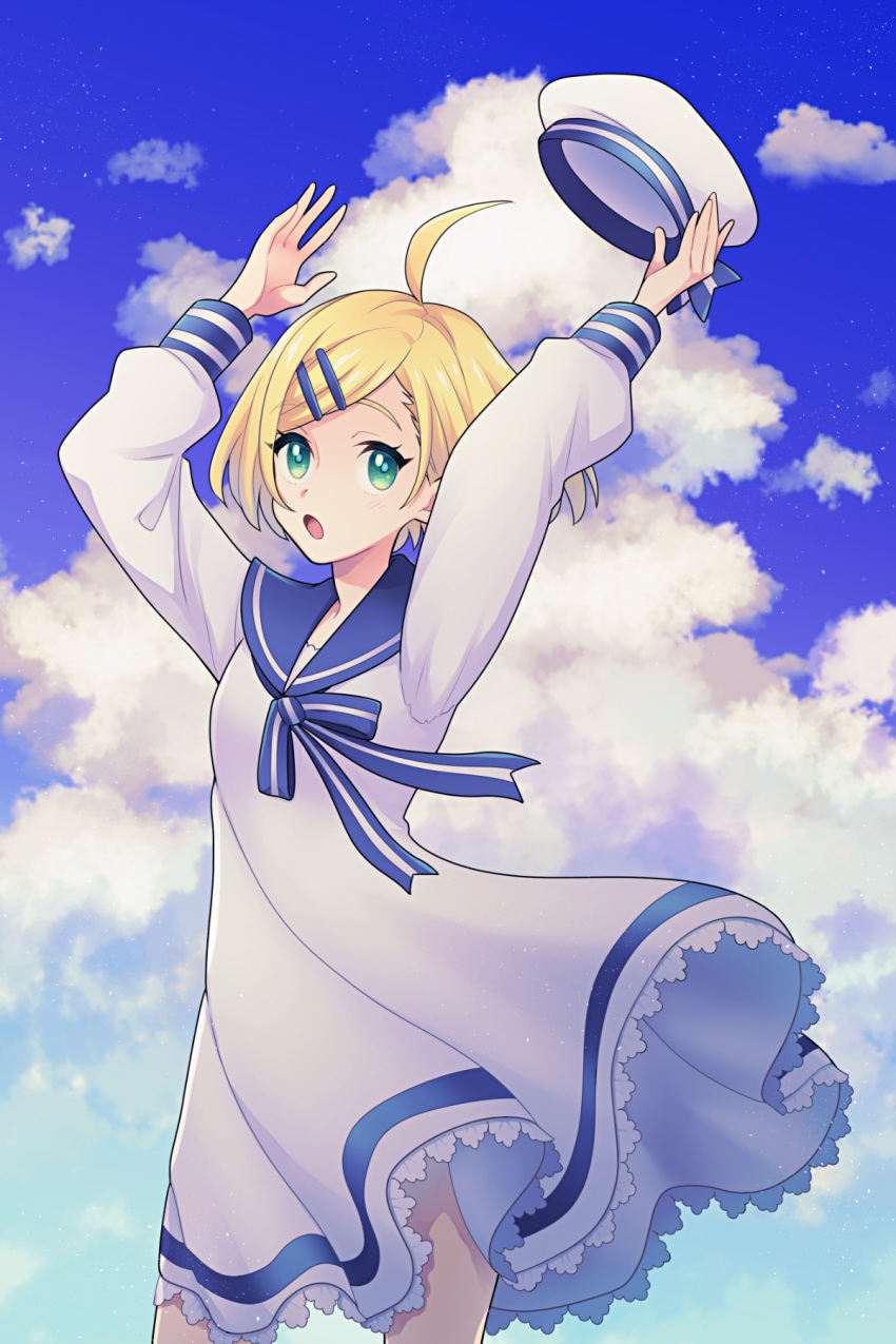 1girl ahoge arms_up blonde_hair day dress green_eyes hair_ornament hairclip hat highres kmy-3_(kumayu) lace-trimmed_dress lace_trim long_sleeves looking_up moe2020 neck_ribbon open_mouth original ribbon sailor_collar sailor_dress short_hair sky solo striped striped_ribbon wind