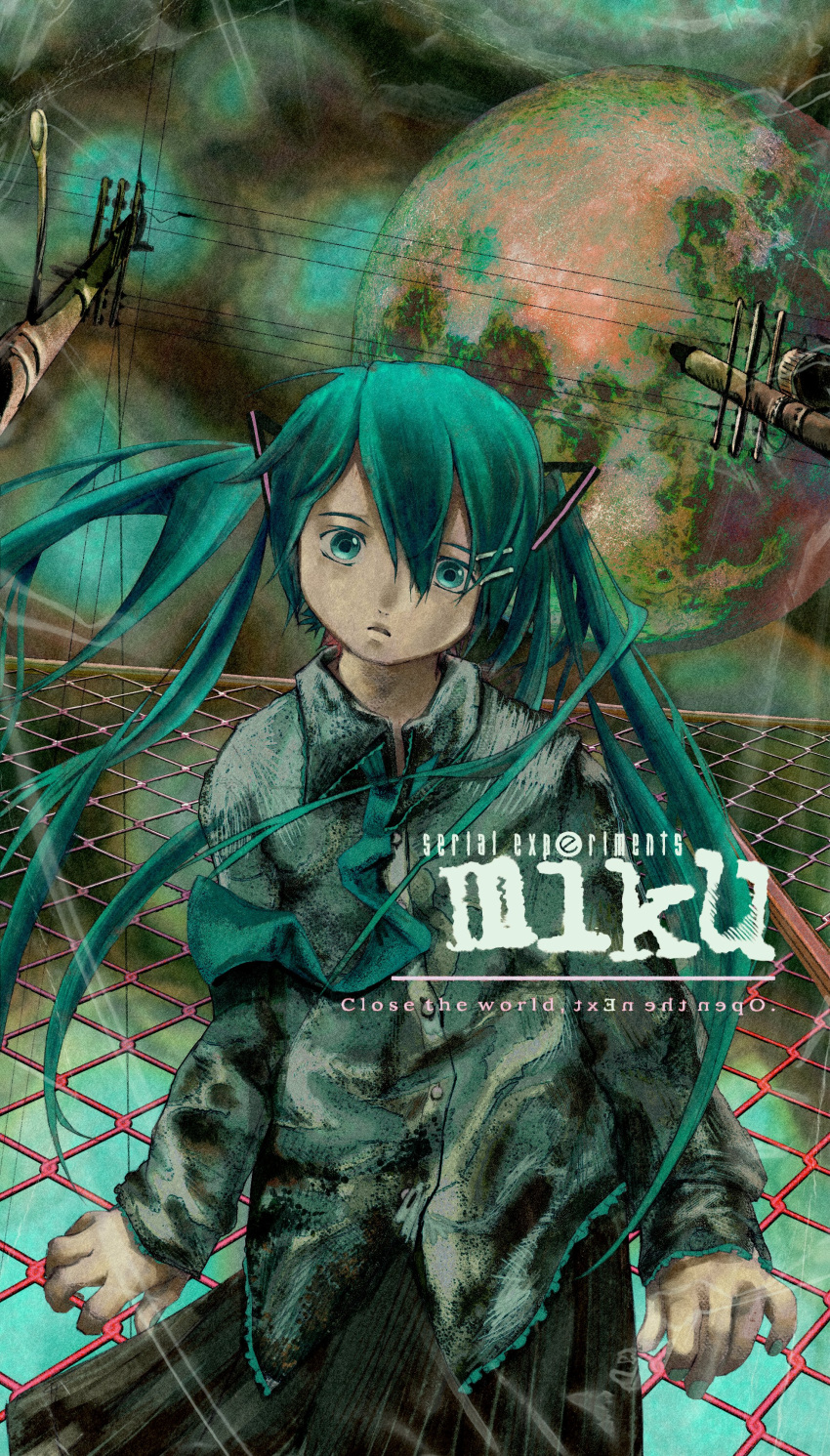 1girl absurdres aqua_eyes aqua_hair black_skirt chain-link_fence expressionless fence from_below hair_between_eyes hatsune_miku highres horror_(theme) looking_at_viewer moon n00dlesandwitch necktie parody power_lines serial_experiments_lain skirt solo standing utility_pole vocaloid