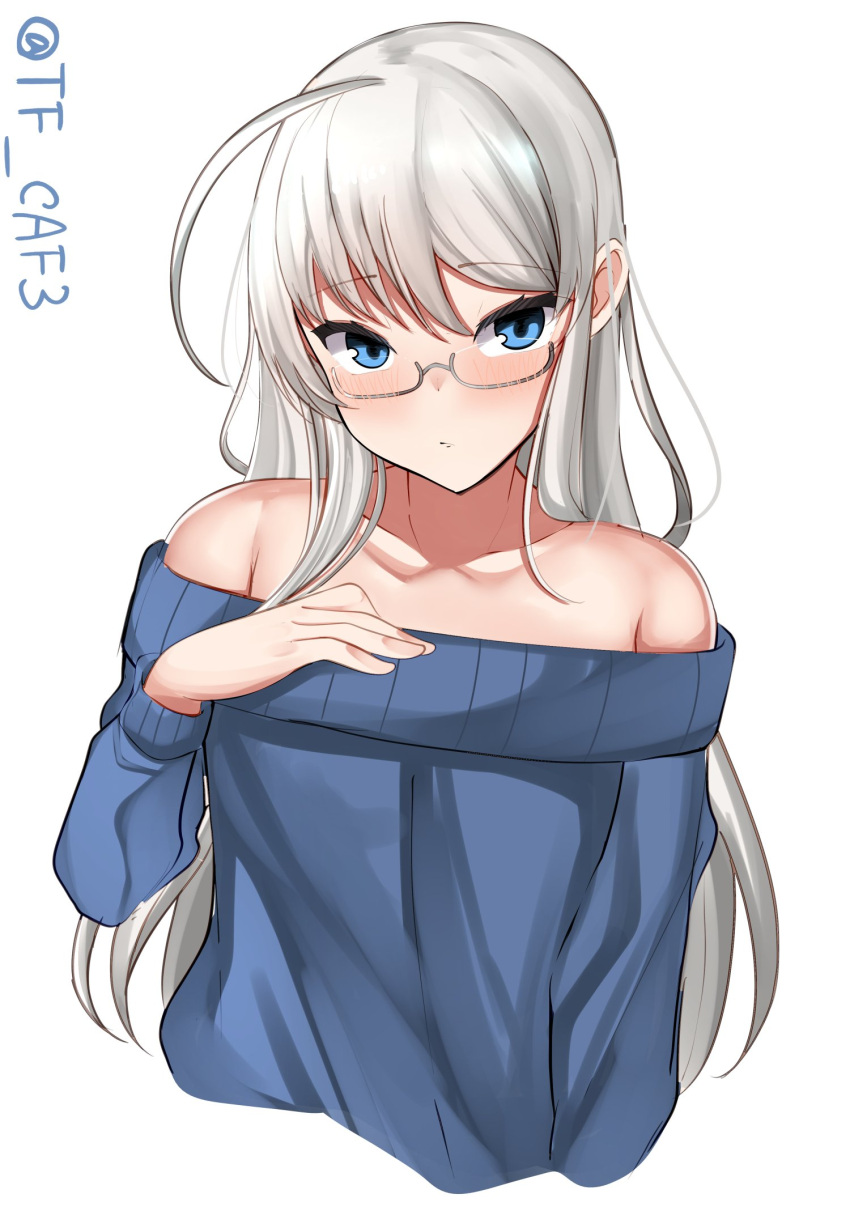 1girl ahoge bare_shoulders blue_eyes blue_sweater breasts glasses grey_hair heywood_l._edwards_(kancolle) highres kantai_collection long_hair long_sleeves looking_at_viewer off-shoulder_sweater off_shoulder solo sweater tf_cafe twitter_username upper_body white_background