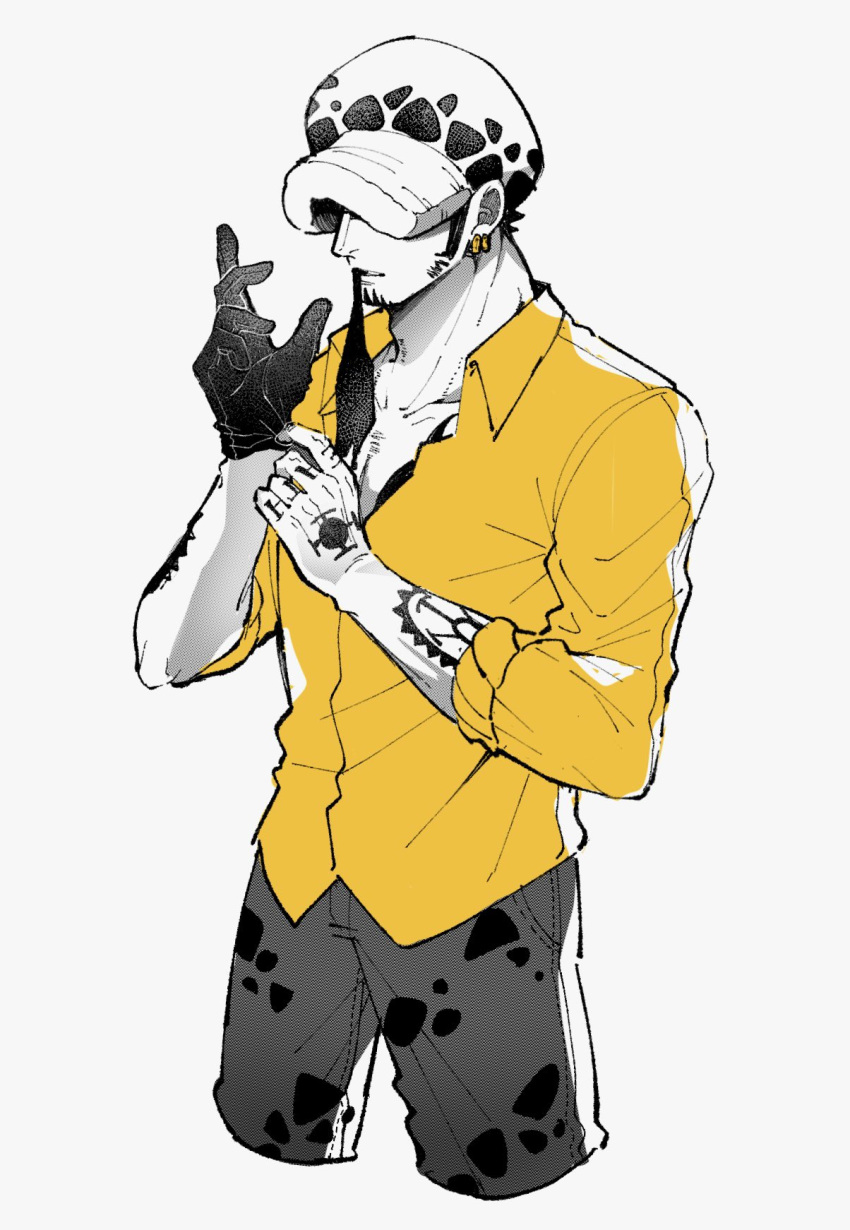 1boy arm_tattoo black_gloves denim earrings facial_hair gloves hamu_ha_umai hand_tattoo hands_up hat hat_over_eyes highres jeans jewelry male_focus one_piece pants partially_colored putting_on_gloves shirt sideburns simple_background sleeves_rolled_up solo tattoo trafalgar_law white_background yellow_shirt