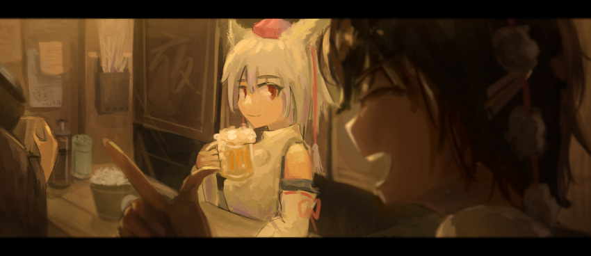 2girls absurdres alcohol animal_ears artist_name beer beer_mug black_hair blurry closed_eyes closed_mouth cup dated depth_of_field detached_sleeves food_stand hand_up hat highres holding holding_cup index_finger_raised inubashiri_momiji letterboxed looking_at_another looking_to_the_side mug multiple_girls open_mouth pom_pom_(clothes) red_eyes red_headwear ribbon-trimmed_sleeves ribbon_trim shameimaru_aya shirt short_hair sleeveless sleeveless_shirt tokin_hat touhou touhou_mystia's_izakaya turtleneck white_hair white_shirt wolf_ears woshijuezhu yatai