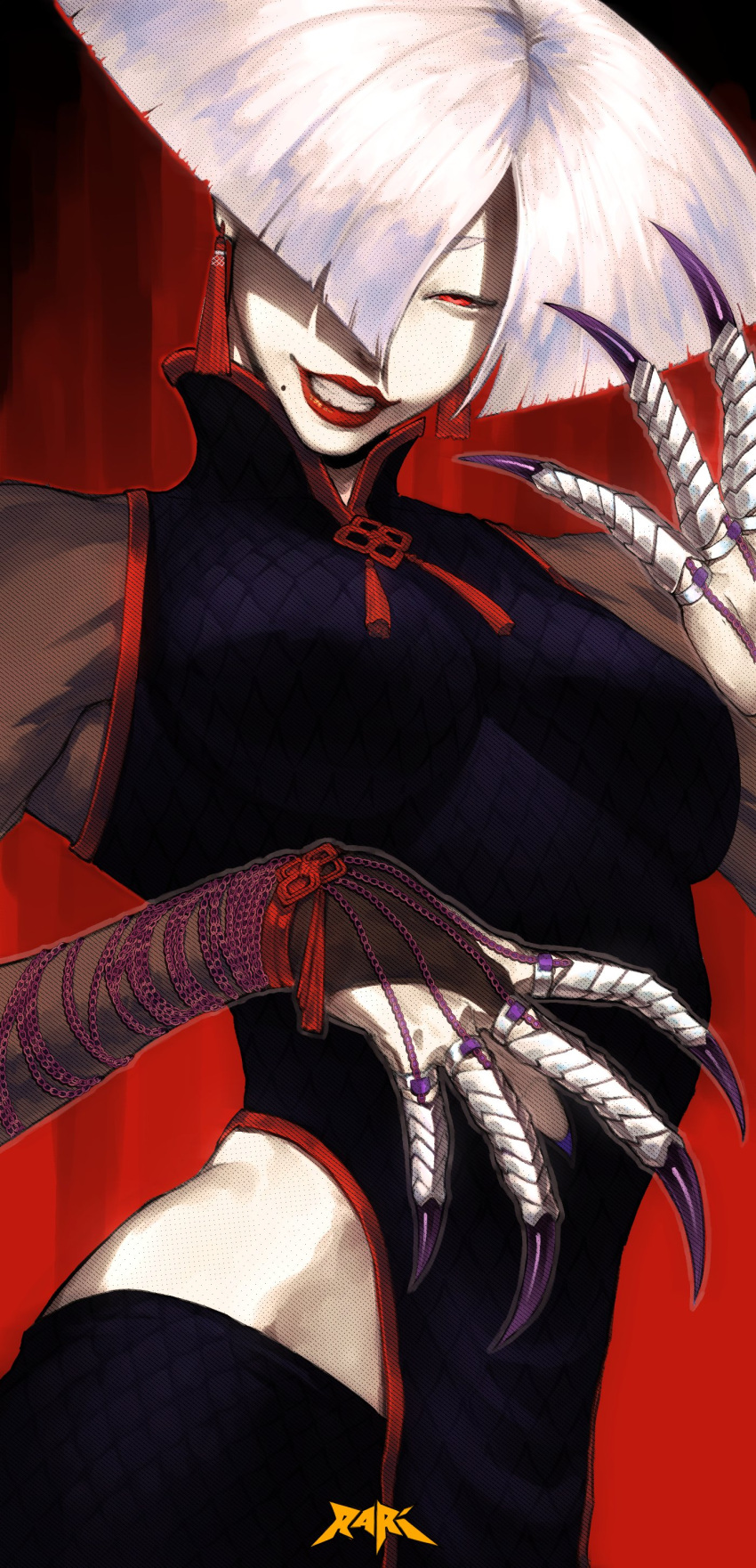 1girl a.k.i._(street_fighter) absurdres china_dress chinese_clothes dress evil_smile fingernails hair_over_one_eye highres looking_at_viewer mole mole_under_mouth red_background red_eyes sharp_fingernails short_hair smile spunkyramaz white_hair