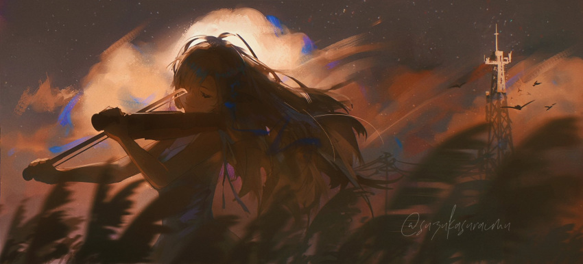 1girl alternate_costume blurry blurry_foreground closed_eyes closed_mouth clouds cloudy_sky commentary cowboy_shot dress floating_hair grass hair_over_one_eye highres holding_bow_(music) holding_violin instrument isekai_joucho kamitsubaki_studio long_hair music one_eye_covered outdoors playing_instrument power_lines radio_tower simple_bird sky sleeveless sleeveless_dress smile solo star_(sky) starry_sky suzukasuraimu symbol-only_commentary tall_grass twitter_username utility_pole violin virtual_youtuber