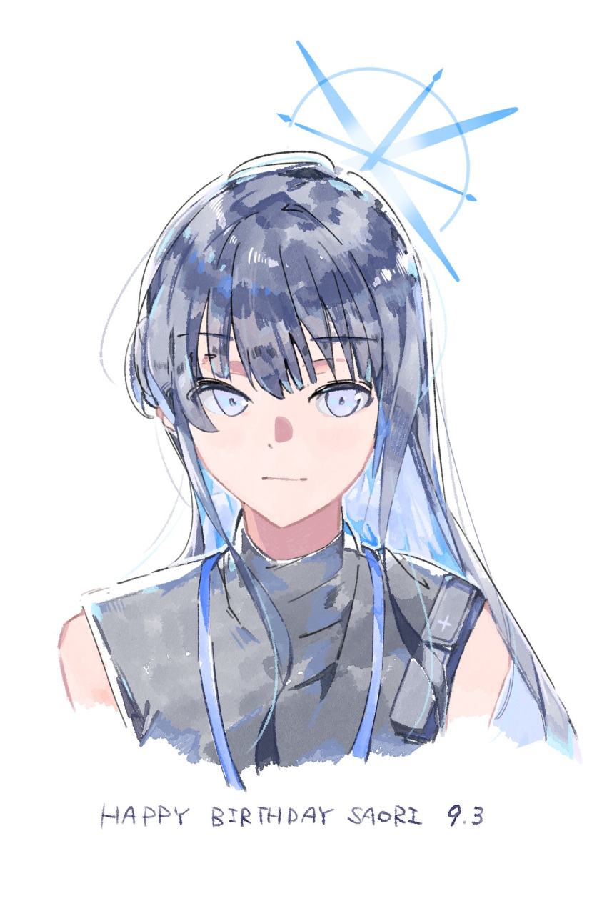 1girl bare_shoulders black_hair blue_archive blue_eyes blue_hair chiriejjiyo commentary_request halo highres long_hair looking_at_viewer saori_(blue_archive) sleeveless solo turtleneck upper_body white_background
