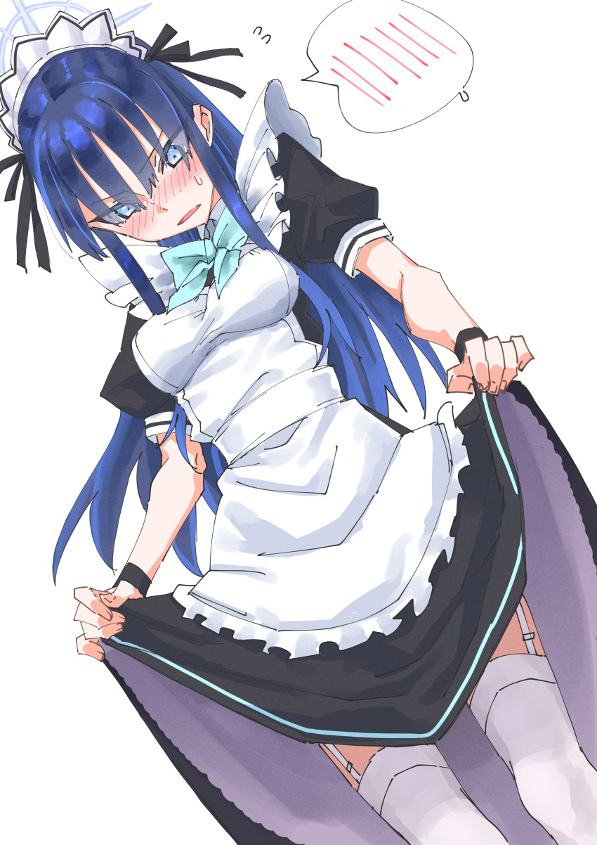 1girl absurdres apron black_dress blue_archive blue_eyes blush bow bowtie commentary_request dress dutch_angle frilled_apron frills garter_straps halo highres long_dress long_hair maid maid_apron maid_headdress puffy_short_sleeves puffy_sleeves saori_(blue_archive) shiratama_(siratama5656) short_sleeves skirt_hold solo thigh-highs white_apron white_background white_thighhighs