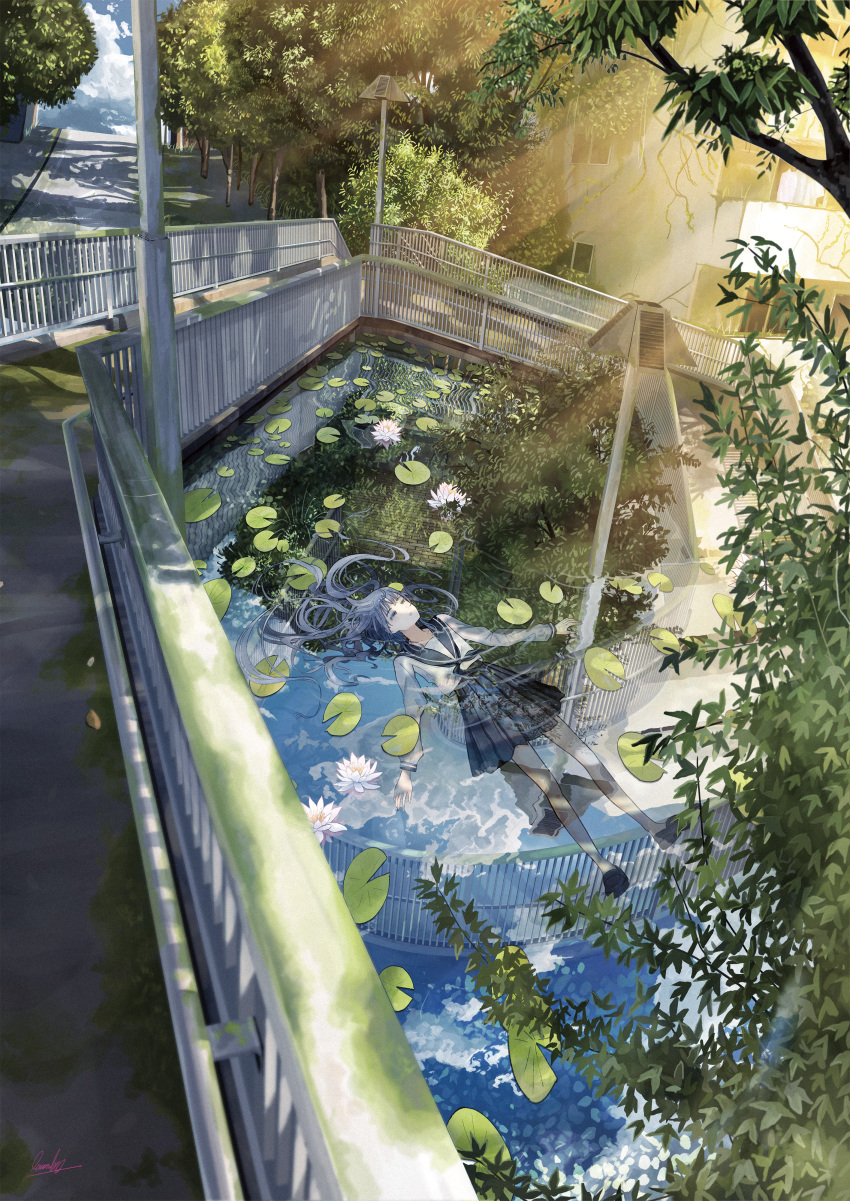 1girl absurdres banishment black_hair black_skirt building city clouds day highres lily_pad long_hair moss original outdoors partially_submerged pleated_skirt railing reflection reflective_water scenery school_uniform serafuku skirt solo water
