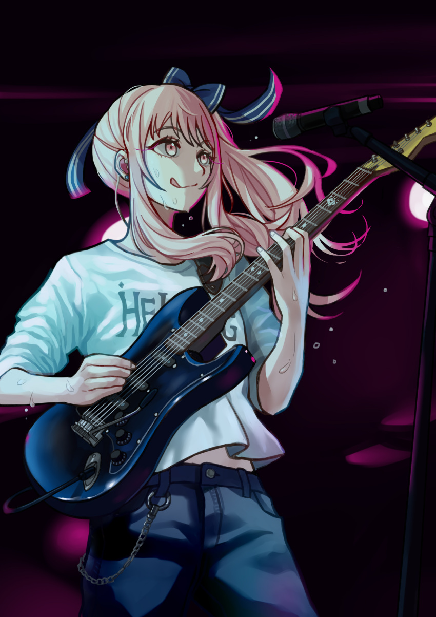 1other absurdres akiyama_mizuki androgynous black_background blue_pants blue_ribbon buttons chain chaos1402 clothes_writing commentary_request cowboy_shot dark_background electric_guitar floating_hair flying_sweatdrops guitar highres holding holding_guitar holding_instrument instrument looking_ahead microphone microphone_stand midriff_peek music other_focus pants pink_eyes pink_hair playing_instrument pocket project_sekai ribbon shirt short_sleeves side_ponytail smile solo sweat t-shirt two-tone_ribbon untucked_shirt very_sweaty white_ribbon white_shirt