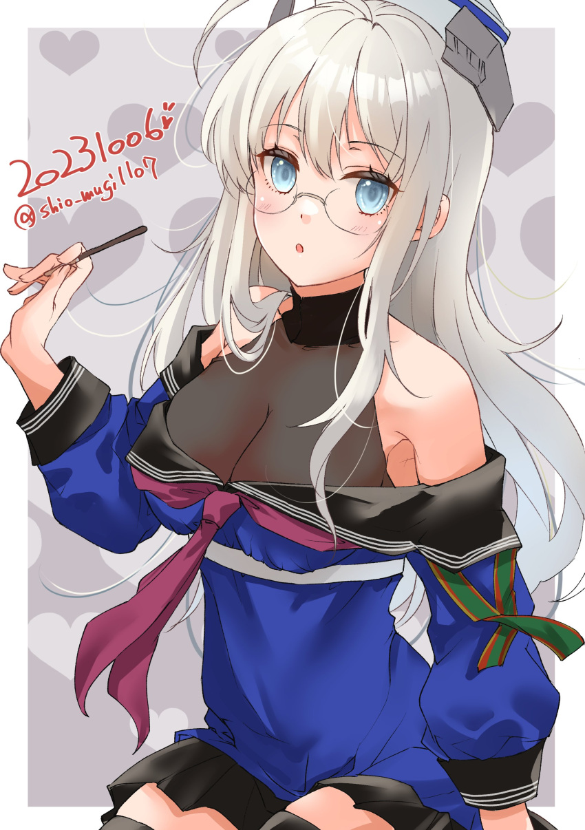 1girl absurdres ahoge blue_eyes breasts dated food glasses grey_hair hat heywood_l._edwards_(kancolle) highres kantai_collection long_hair long_sleeves looking_at_viewer medium_breasts neckerchief off_shoulder pink_neckerchief pleated_skirt pocky sailor_collar school_uniform serafuku shio_mugi1107 shirt skirt solo twitter_username white_headwear