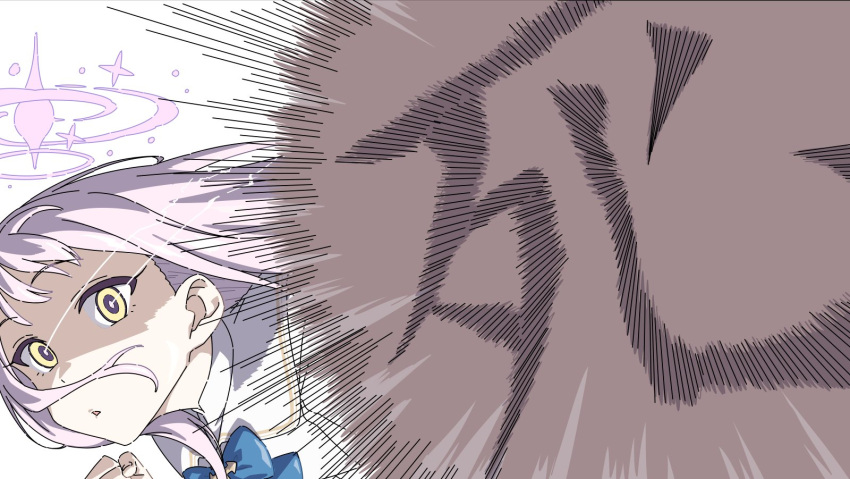 1girl blue_archive blue_bow blue_bowtie bow bowtie brilliantko close-up dress emphasis_lines halo highres kanji_focus looking_at_viewer mika_(blue_archive) one-punch_man parody pink_hair punching shaded_face simple_background solo white_background white_dress