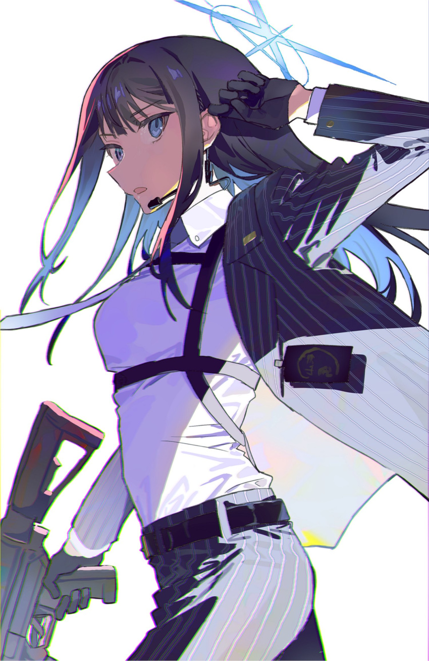 1girl assault_rifle black_gloves black_hair blue_archive blue_eyes commentary_request earpiece from_behind gloves gun halo headset highres jacket long_hair necktie nmnm2332chan open_clothes open_jacket pants rifle saori_(blue_archive) shirt solo striped striped_jacket striped_pants striped_suit suit suspenders vertical-striped_jacket vertical-striped_pants vertical_stripes weapon white_background white_shirt wind