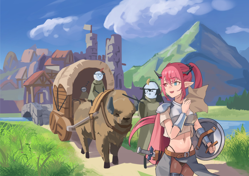 1girl absurdres armor belt blue_eyes bracer breastplate bridge building bull clouds cloudy_sky covered_wagon day elf guyrys heterochromia highres hololive hololive_english horns irys_(hololive) long_hair mercenary midriff mountain multicolored_hair nature navel outdoors pointy_ears ponytail redhead scenery shield shift_(shiftillust) sky sword very_long_hair virtual_youtuber weapon