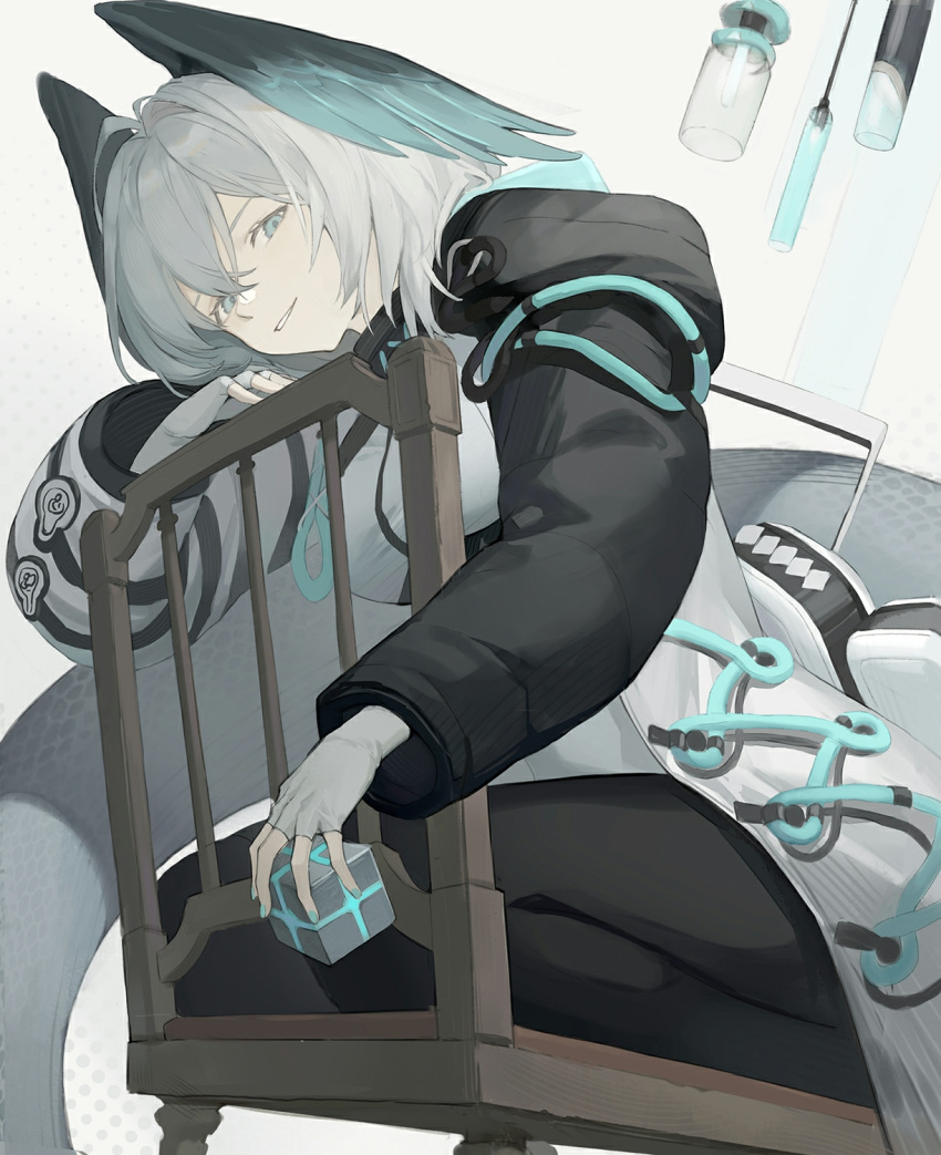 1girl aqua_eyes aqua_nails aqua_wings arknights black_coat black_thighhighs coat feet_out_of_frame fingerless_gloves gloves grey_hair grin haocong33 head_tilt head_wings highres ho'olheyak_(arknights) holding_cube hooded_coat infection_monitor_(arknights) long_sleeves long_tail looking_at_viewer on_chair seiza short_hair sitting smile snake_tail solo tail thigh-highs two-tone_coat white_coat white_gloves wings