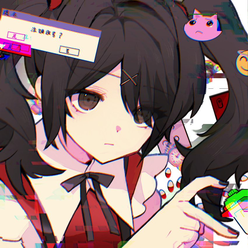 1girl ame-chan_(needy_girl_overdose) black_hair black_nails black_ribbon brown_eyes closed_mouth collared_shirt commentary_request emoji hair_ornament hair_over_one_eye hair_tie hairclip hand_up highres huizi_(daisy02366) long_hair looking_at_viewer multicolored_nails neck_ribbon needy_girl_overdose pill pleading_face_emoji red_nails red_shirt ribbon shirt solo suspenders twintails upper_body window_(computing) x_hair_ornament