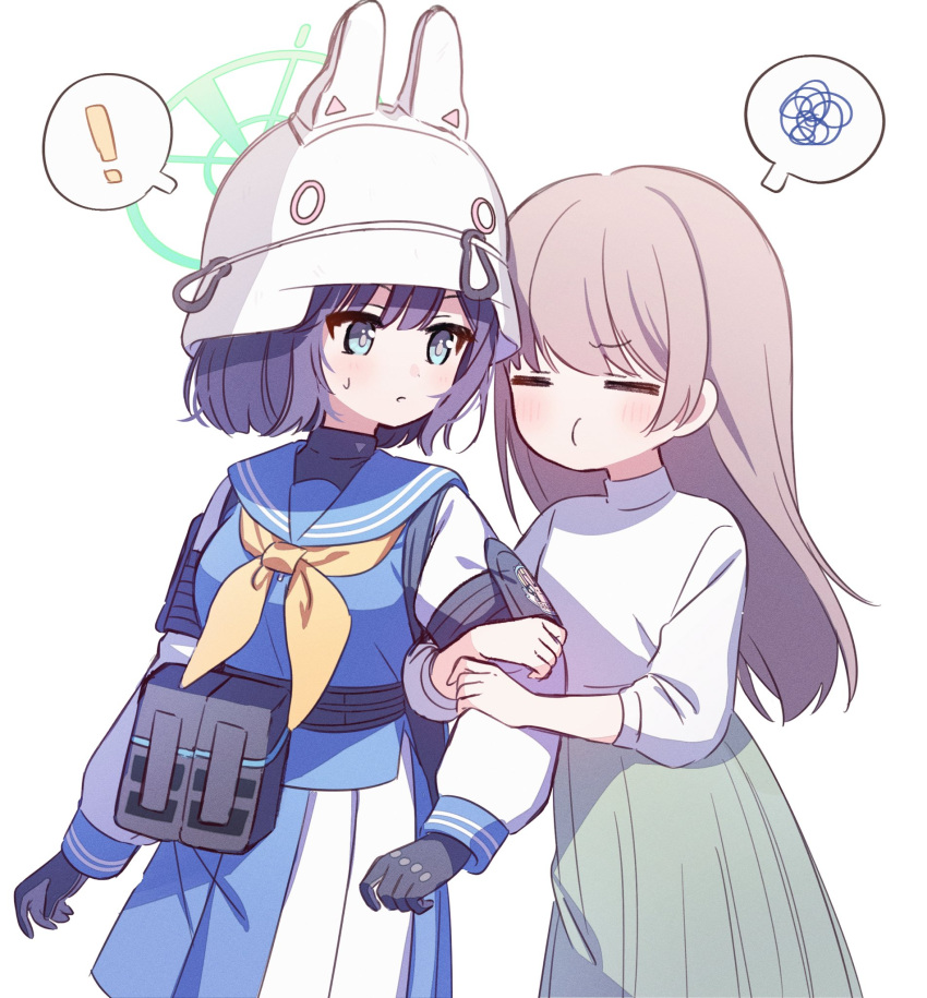 ! 2girls animal_ears animal_ears_helmet belt_pouch black_gloves blue_archive blue_eyes blue_sailor_collar blue_shirt blue_skirt blush closed_eyes closed_mouth combat_helmet commentary fake_animal_ears female_sensei_(blue_archive) gloves grabbing_another's_arm green_skirt grey_hair halo hard_hat helmet highres hyakucha long_hair long_sleeves looking_at_another multicolored_clothes multicolored_skirt multiple_girls neckerchief pleated_skirt pouch pout purple_hair rabbit_ears raglan_sleeves sailor_collar saki_(blue_archive) school_uniform sensei_(blue_archive) serafuku shirt short_hair simple_background skirt sleeves_rolled_up spoken_exclamation_mark spoken_squiggle squiggle tactical_clothes turtleneck upper_body white_background white_headwear white_shirt yellow_halo yellow_neckerchief