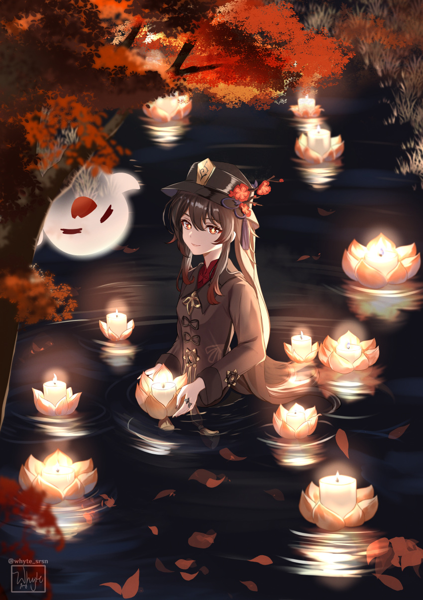 1girl absurdres black_headwear black_nails boo_tao_(genshin_impact) bright_pupils brown_coat brown_hair candle closed_mouth coat coattails falling_leaves flower flower-shaped_pupils genshin_impact ghost hair_between_eyes hat hat_flower hat_tassel highres hu_tao_(genshin_impact) jewelry leaf long_hair long_sleeves looking_at_viewer multiple_rings nail_polish night partially_submerged plum_blossoms porkpie_hat red_eyes red_shirt ring shirt signature smile symbol-shaped_pupils twintails twitter_username white_pupils whyte_srsn wide_sleeves