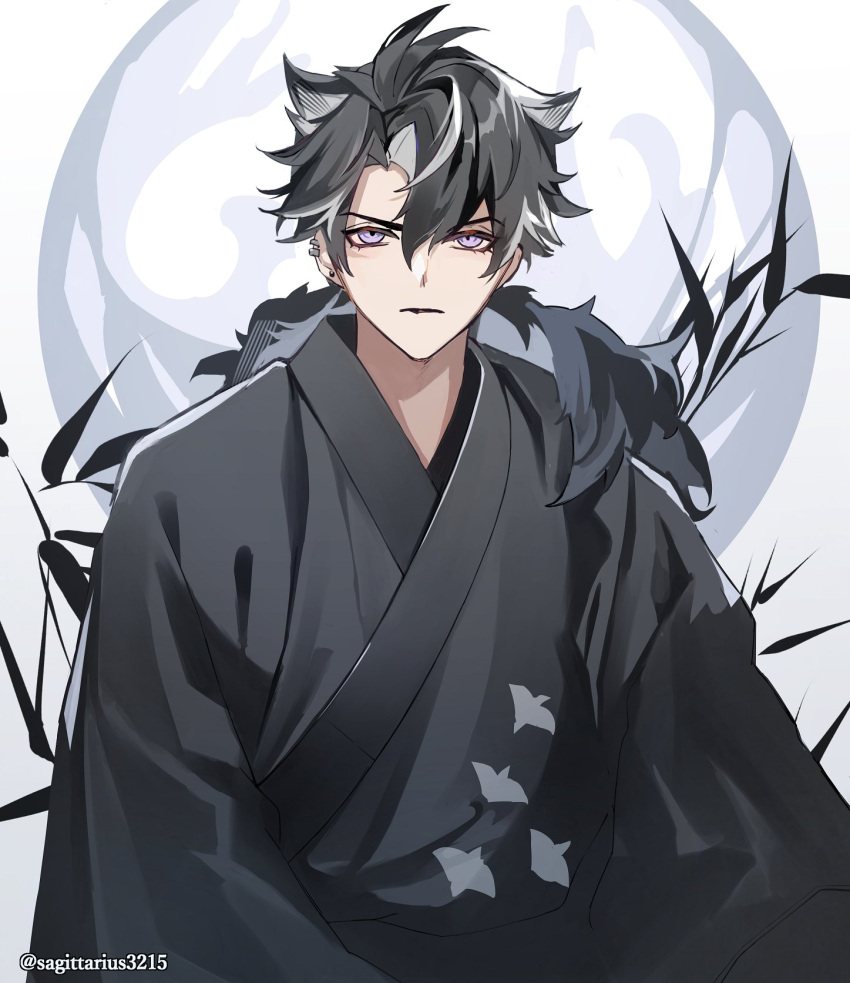 1boy alternate_costume artist_name black_hair black_kimono closed_mouth commentary_request ear_piercing earrings fur-trimmed_kimono fur_trim genshin_impact grey_hair hair_between_eyes highres japanese_clothes jewelry kimono kukatsuma long_sleeves looking_at_viewer male_focus multicolored_hair parted_bangs piercing plant scar scar_on_cheek scar_on_face short_hair simple_background solo streaked_hair stud_earrings twitter_username upper_body v-shaped_eyebrows violet_eyes white_background wide_sleeves wriothesley_(genshin_impact)