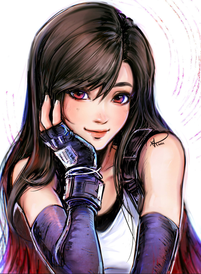 1girl bare_shoulders black_gloves black_hair black_sports_bra bracelet brown_hair closed_mouth collarbone commentary elbow_gloves elbow_rest final_fantasy final_fantasy_vii final_fantasy_vii_rebirth final_fantasy_vii_remake fingerless_gloves gloves hair_between_eyes hair_over_shoulder hand_on_own_face highres jewelry lips long_hair looking_at_viewer red_eyes signature simple_background smile solo sports_bra suspenders swept_bangs symbol-only_commentary tank_top tifa_lockhart upper_body white_tank_top xriviia