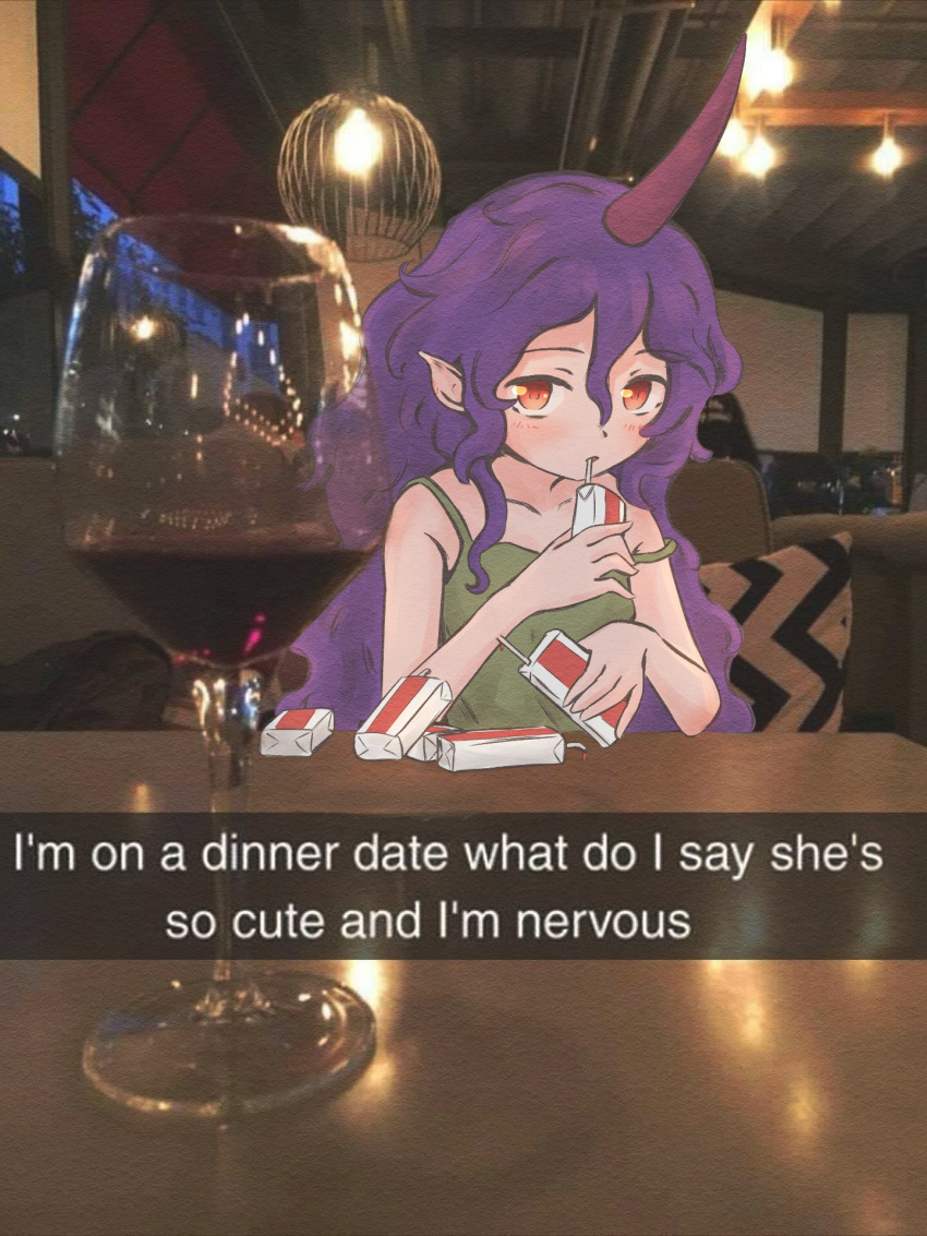 1girl bare_arms bare_shoulders camisole commentary cup dating drink drinking drinking_glass drinking_straw drinking_straw_in_mouth english_commentary english_text green_camisole hair_between_eyes highres holding holding_drink horns i'm_on_a_dinner_date_what_do_i_say_he's_so_cute_(meme) indoors juice_box kokowoch looking_at_viewer meme off_shoulder orange_eyes photo_background pov_across_table pov_dating purple_hair restaurant single_horn snapchat solo table tenkajin_chiyari touhou upper_body wavy_hair wine_glass