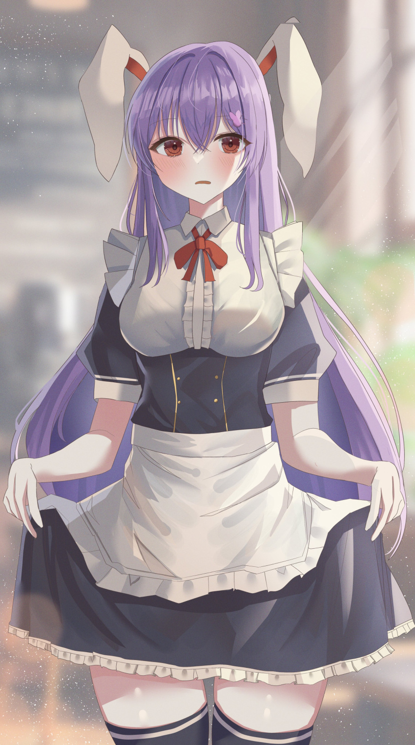 1girl absurdres animal_ears aohane apron black_dress black_thighhighs breasts dress embarrassed hair_ornament highres maid maid_apron purple_hair rabbit_ears rabbit_girl rabbit_hair_ornament red_eyes reisen_udongein_inaba solo thigh-highs touhou white_apron