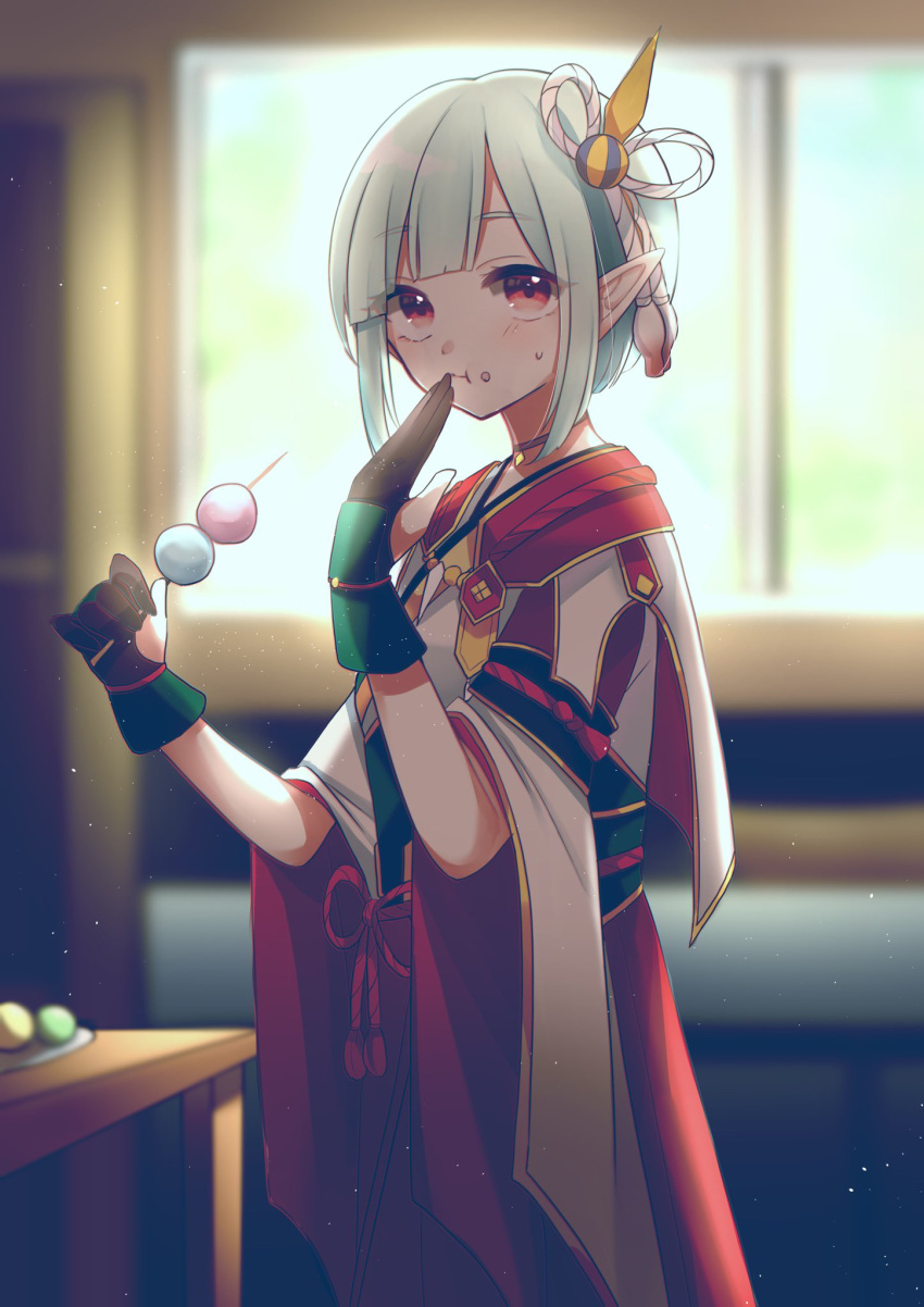 1girl black_gloves cosplay dango ena_(monster_hunter) food food_in_mouth food_on_face gloves gold_trim hair_ornament hand_to_own_mouth highres hinoa hinoa_(cosplay) japanese_clothes kimono looking_at_viewer monster_hunter_(series) monster_hunter_stories_2 pointy_ears red_eyes red_skirt rope_belt short_hair skirt table wagashi window yukki_0125