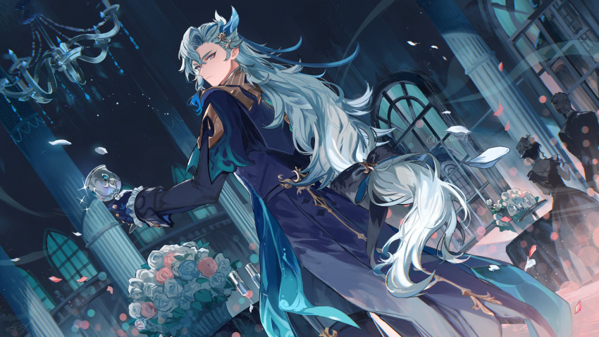 1boy blue_coat blue_eyeliner bouquet champagne_flute chandelier coat cup drinking_glass dutch_angle flower genshin_impact highres lapels long_hair multicolored_hair neuvillette_(genshin_impact) peaked_lapels pillar solo_focus streaked_hair table ueauwa very_long_hair white_hair window wine_glass