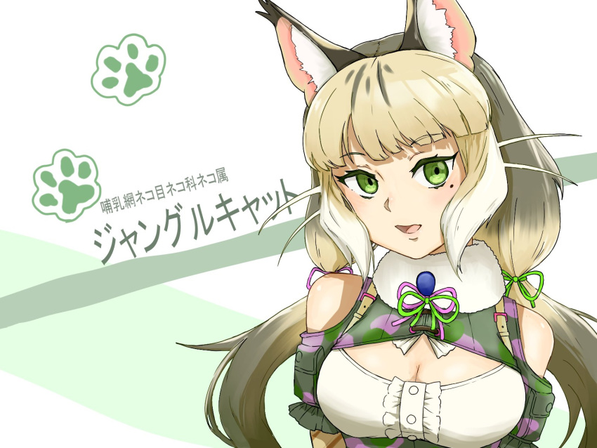 1girl animal_ears bare_shoulders camouflage cat_ears cat_girl elbow_gloves extra_ears gloves green_eyes grey_hair highres jungle_cat_(kemono_friends) kemono_friends kemono_friends_v_project long_hair looking_at_viewer microphone ribbon shirt simple_background solo twintails upper_body virtual_youtuber y0whqzz8bkslezl