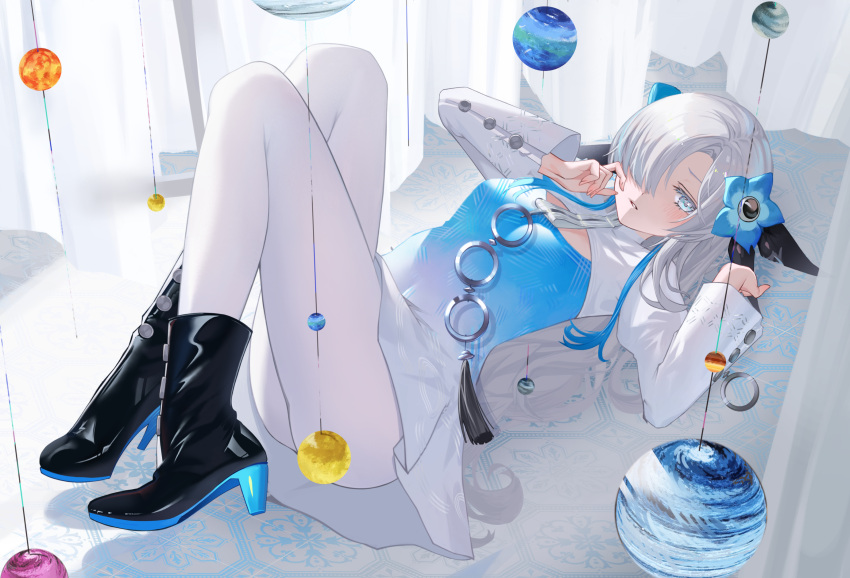 1girl blue_eyes blue_flower blue_hair blush boots bsmycc dress expressionless flower full_body grey_hair hair_flower hair_ornament hair_over_one_eye hands_up high_heel_boots high_heels highres isekai_joucho kamitsubaki_studio knees_up long_hair long_sleeves looking_at_viewer lying multicolored_hair on_back orb pantyhose parted_lips solo two-tone_hair virtual_youtuber white_pantyhose