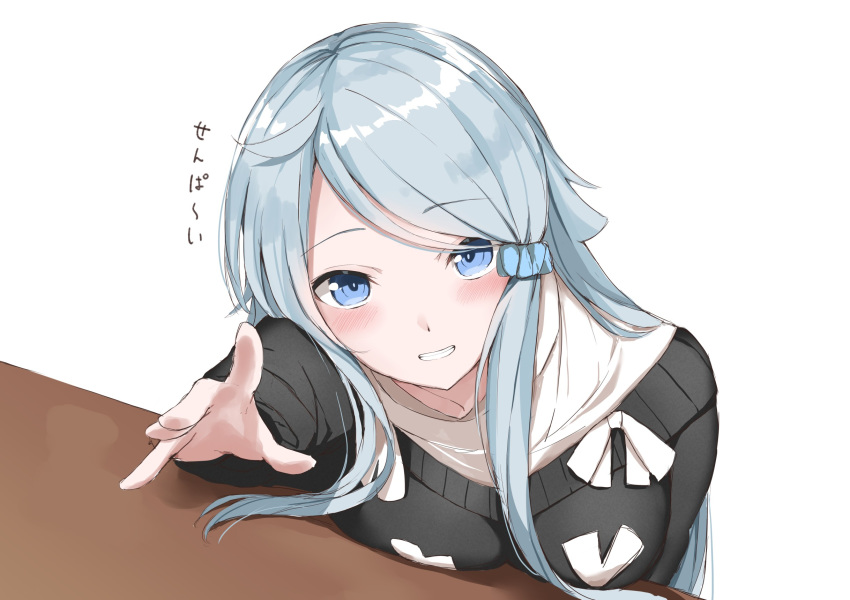1girl black_sweater blue_eyes blue_hair blue_scrunchie blush breasts bright_pupils casual commentary eyelashes grin hair_ornament hair_scrunchie hair_spread_out highres imouto_sae_ireba_ii kani_nayuta large_breasts light_blue_hair long_hair long_sleeves looking_at_viewer parted_bangs reaching reaching_towards_viewer ribbon scrunchie sidelocks simple_background smile solo straight_hair sweater translated upper_body upturned_eyes very_long_hair white_background white_pupils white_ribbon yanagi_marie