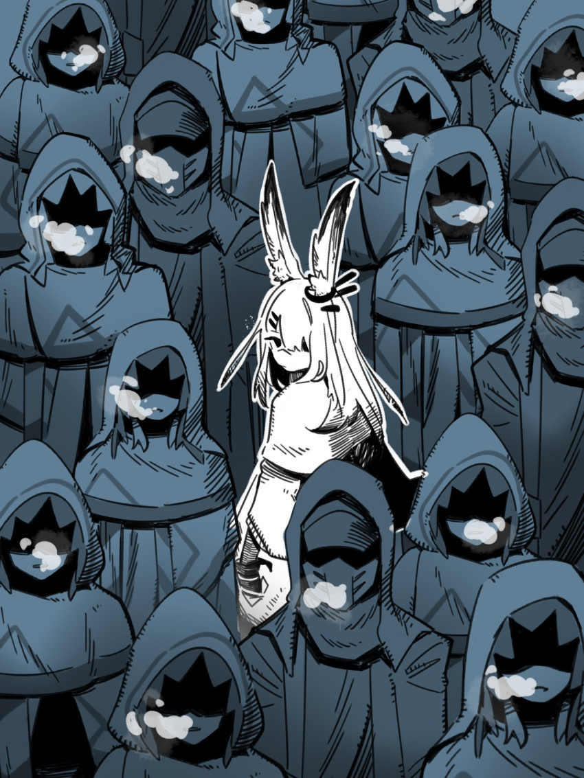 1girl 6+others animal_ear_fluff animal_ears arknights blue_cloak blue_theme cloak commentary doctor_(arknights) frostnova_(arknights) hair_over_one_eye hands_in_pockets hc2002 highres hood hood_up hooded_jacket jacket limited_palette long_hair looking_back mask multiple_others rabbit_ears rabbit_girl shaded_face short_hair upper_body visible_air white_cloak white_hair