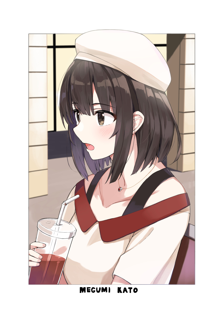 1girl absurdres beret black_hair blunt_bangs blunt_ends blush border brown_eyes casual character_name collarbone commentary_request cup drinking_straw eyelashes eyes_visible_through_hair fingernails from_side hat highres holding holding_cup jewelry katou_megumi looking_afar medium_hair necklace open_mouth saenai_heroine_no_sodatekata shirt short_sleeves sidelocks solo upper_body white_border white_headwear white_shirt yanagi_marie