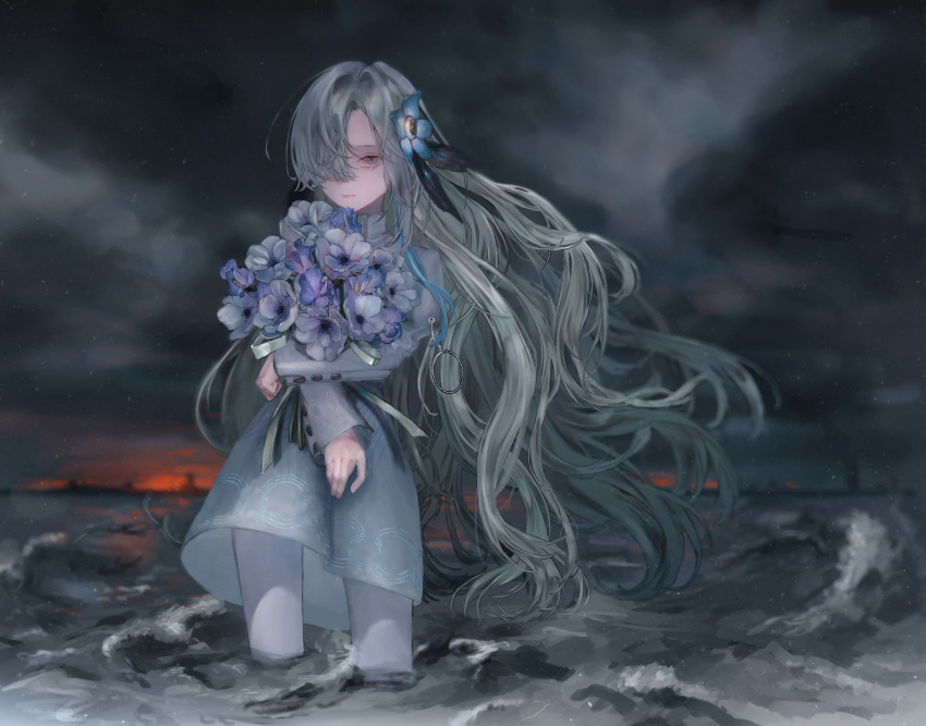 1girl absurdres blue_eyes blue_flower blue_hair bouquet dress expressionless floating_hair flower grey_hair hair_flower hair_ornament hair_over_one_eye highres holding holding_bouquet isekai_joucho jinniku_mongolian_inu kamitsubaki_studio long_hair long_sleeves looking_at_viewer multicolored_hair outdoors overcast pantyhose sky solo two-tone_hair very_long_hair virtual_youtuber wading water white_pantyhose wind