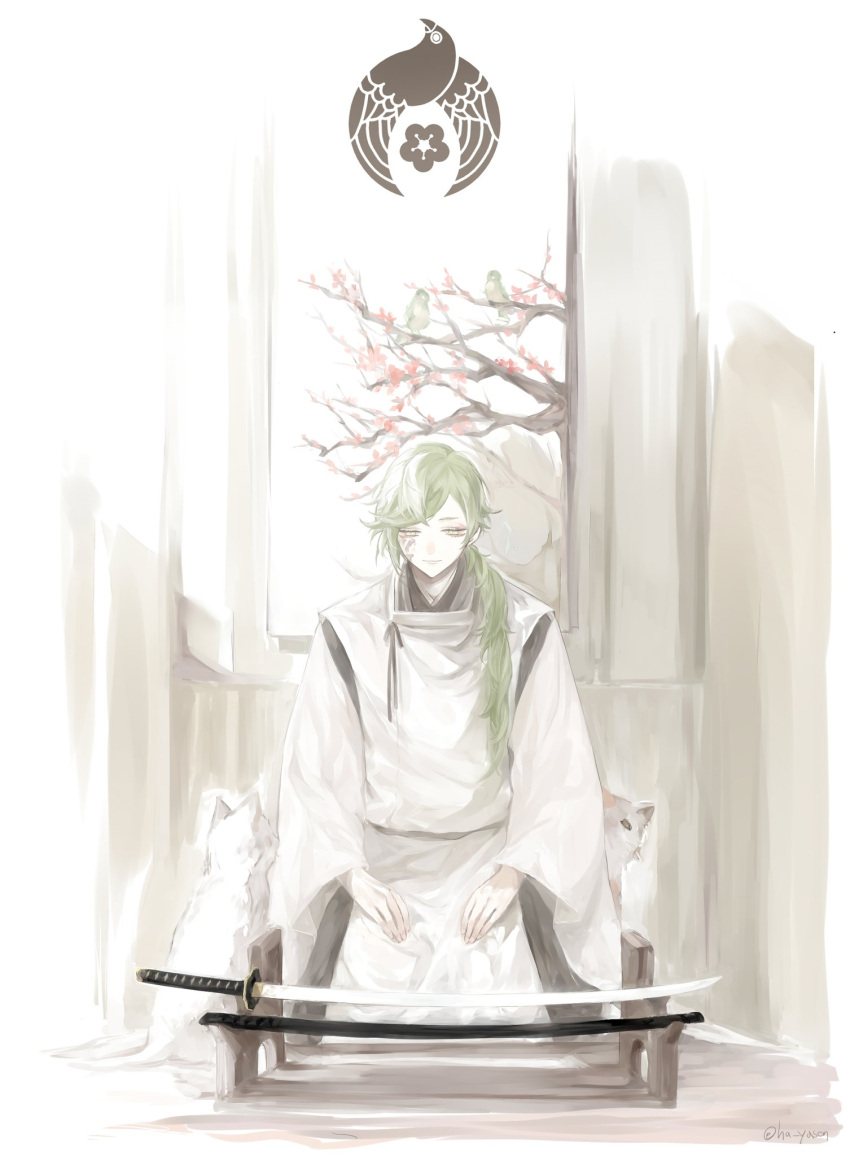 1boy black_kimono cat full_body green_eyes green_hair ha_yasen hair_over_one_eye hair_over_shoulder hands_on_lap highres indoors japanese_clothes kariginu katana kimono long_hair looking_at_viewer looking_down low_ponytail male_focus painting_(object) scar scar_on_face seiza sheath sitting smile solo straight-on swept_bangs sword touken_ranbu uguisumaru weapon weapon_rack white_cat