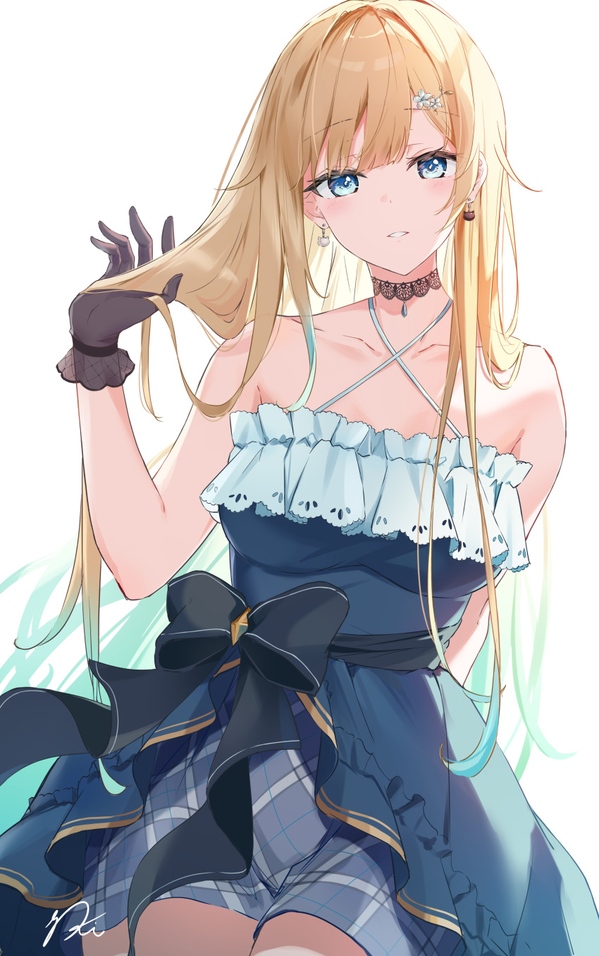1girl absurdres aizawa_ema animal_earrings aqua_eyes aqua_hair arm_behind_back bare_shoulders black_bow black_gloves blonde_hair blue_dress bow choker collarbone dress dress_bow earrings gloves hair_ornament hand_up highres jewelry lace lace_choker long_hair looking_at_viewer multicolored_hair okishiro parted_bangs parted_lips simple_background sleeveless sleeveless_dress solo standing virtual_youtuber vspo! white_background