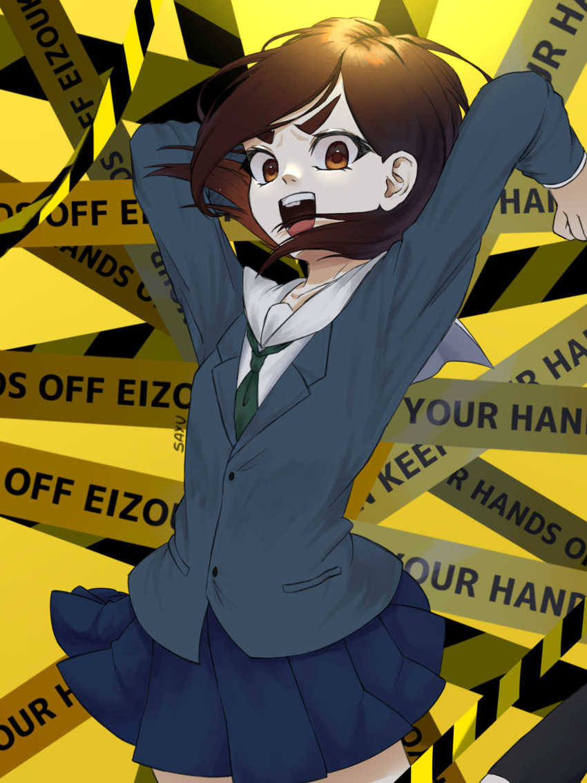 1girl :d arms_up artist_name blue_jacket blue_skirt bob_cut breasts brown_eyes brown_hair caution_tape chapeudaasakusa clothes_lift commentary eizouken_ni_wa_te_wo_dasu_na! english_commentary english_text excited floating_hair green_necktie highres inverted_bob jacket jumping looking_at_viewer messy_hair mizusaki_tsubame necktie open_mouth pleated_skirt sailor_collar school_uniform shirt short_hair signature skirt skirt_lift small_breasts smile solo teeth thick_eyebrows upper_teeth_only v-shaped_eyebrows white_sailor_collar white_shirt yellow_background